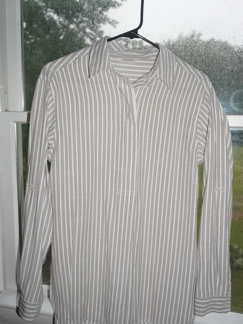 Max Studio Beige and White Vertical Stripe Women’s Dress Shirt